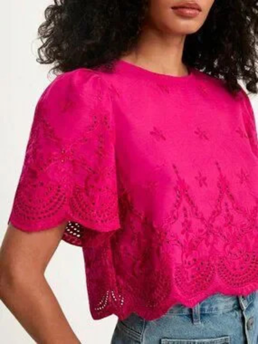 ZARA Hot Pink Casual Women's Lace Hollow Shoulder Ruffle Cropped Top